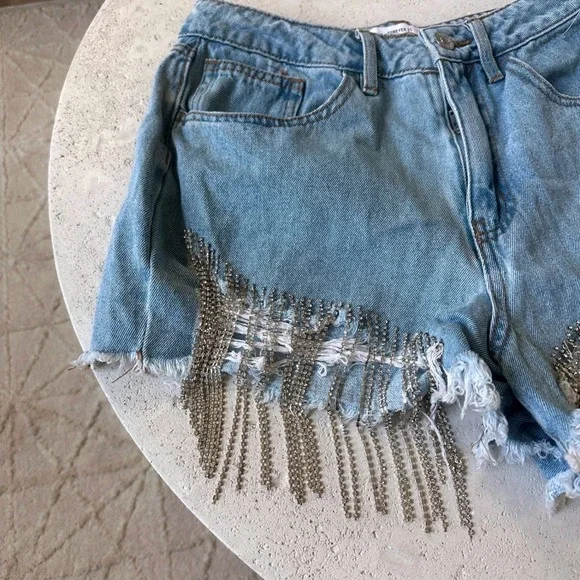 Forever 21 Distressed Rhinestone Fringe Jean Shorts 27 festival cowgirl rodeo - Picture 4 of 8